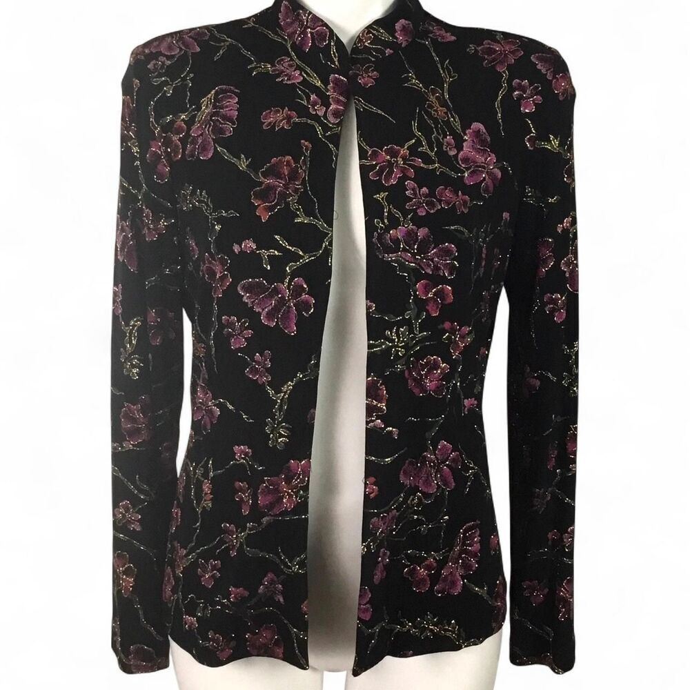 Vtg Xscape Black Floral Evening Jacket XXL Made in USA Glitter Purple Green Hook